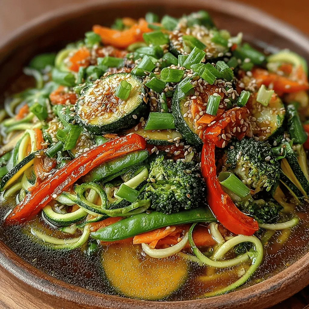 To create your Zesty Zucchini Noodle Stir Fry, the first step is to spiralize your zucchinis. This technique transforms the vegetables into noodle-like strands that provide a delightful base for your stir fry. Here’s how to do it effectively: