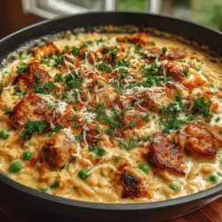 The first step in creating your Cozy Creamy Chicken Orzo is to sauté the onions and garlic. This aromatic base is crucial for building depth of flavor in your dish. Start by heating a tablespoon of olive oil in a large skillet over medium heat. Once the oil is shimmering, add the diced onions to the pan. Cook them for about 3-4 minutes, stirring occasionally until they become translucent. This process helps release their natural sweetness without browning too quickly.