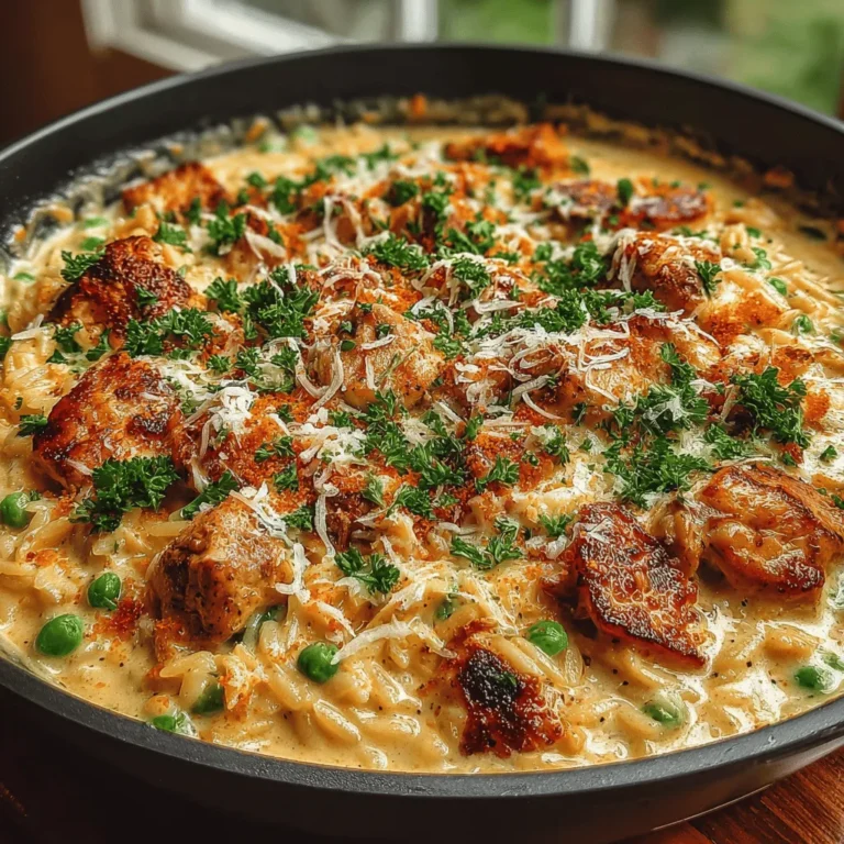 The first step in creating your Cozy Creamy Chicken Orzo is to sauté the onions and garlic. This aromatic base is crucial for building depth of flavor in your dish. Start by heating a tablespoon of olive oil in a large skillet over medium heat. Once the oil is shimmering, add the diced onions to the pan. Cook them for about 3-4 minutes, stirring occasionally until they become translucent. This process helps release their natural sweetness without browning too quickly.