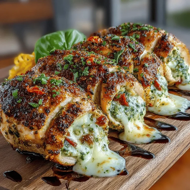 Pesto Mozzarella Stuffed Chicken is a culinary masterpiece that beautifully marries the tender, juicy goodness of chicken with the vibrant flavors of homemade or store-bought pesto and the indulgent creaminess of mozzarella cheese. This dish stands out not only for its enticing flavor profile but also for its impressive presentation, making it an ideal choice for a family gathering or a special celebration. The marriage of fresh ingredients, including sun-dried tomatoes and aromatic herbs, guarantees that every bite delivers a burst of flavor, ensuring that your dining experience is memorable.