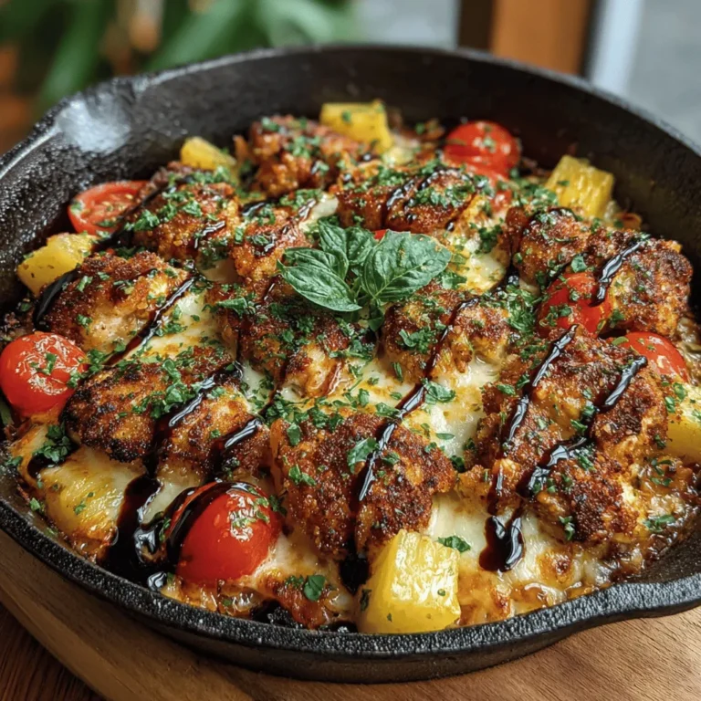 If you're in search of a culinary adventure that combines convenience with a burst of vibrant flavors, look no further than the Fruity Fiesta Chicken Pizza Skillet. This dish is not just a meal; it's an experience that brings together the best of both worlds—savory and sweet—creating a unique twist on traditional pizza. Picture tender chicken, colorful vegetables, and juicy pineapple all melded together in a skillet, topped with gooey mozzarella cheese. This one-skillet wonder is perfect for busy weeknights or relaxed family dinners, allowing you to whip up an impressive meal without the hassle of multiple pots and pans.