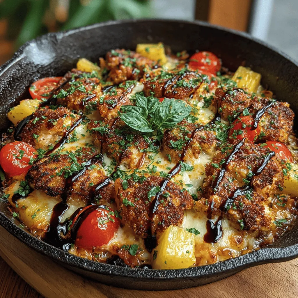 If you're in search of a culinary adventure that combines convenience with a burst of vibrant flavors, look no further than the Fruity Fiesta Chicken Pizza Skillet. This dish is not just a meal; it's an experience that brings together the best of both worlds—savory and sweet—creating a unique twist on traditional pizza. Picture tender chicken, colorful vegetables, and juicy pineapple all melded together in a skillet, topped with gooey mozzarella cheese. This one-skillet wonder is perfect for busy weeknights or relaxed family dinners, allowing you to whip up an impressive meal without the hassle of multiple pots and pans.
