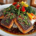 - 4 salmon fillets (approximately 6 ounces each) - 1/2 cup teriyaki sauce (store-bought or homemade) - 2 tablespoons olive oil - 2 cups broccoli florets - 1 red bell pepper, sliced - 1 yellow bell pepper, sliced - 1 cup snap peas - 1 carrot, julienned - 2 cloves garlic, minced - Salt and pepper, to taste - Sesame seeds (optional, for garnish) - Green onions, chopped (optional, for garnish)