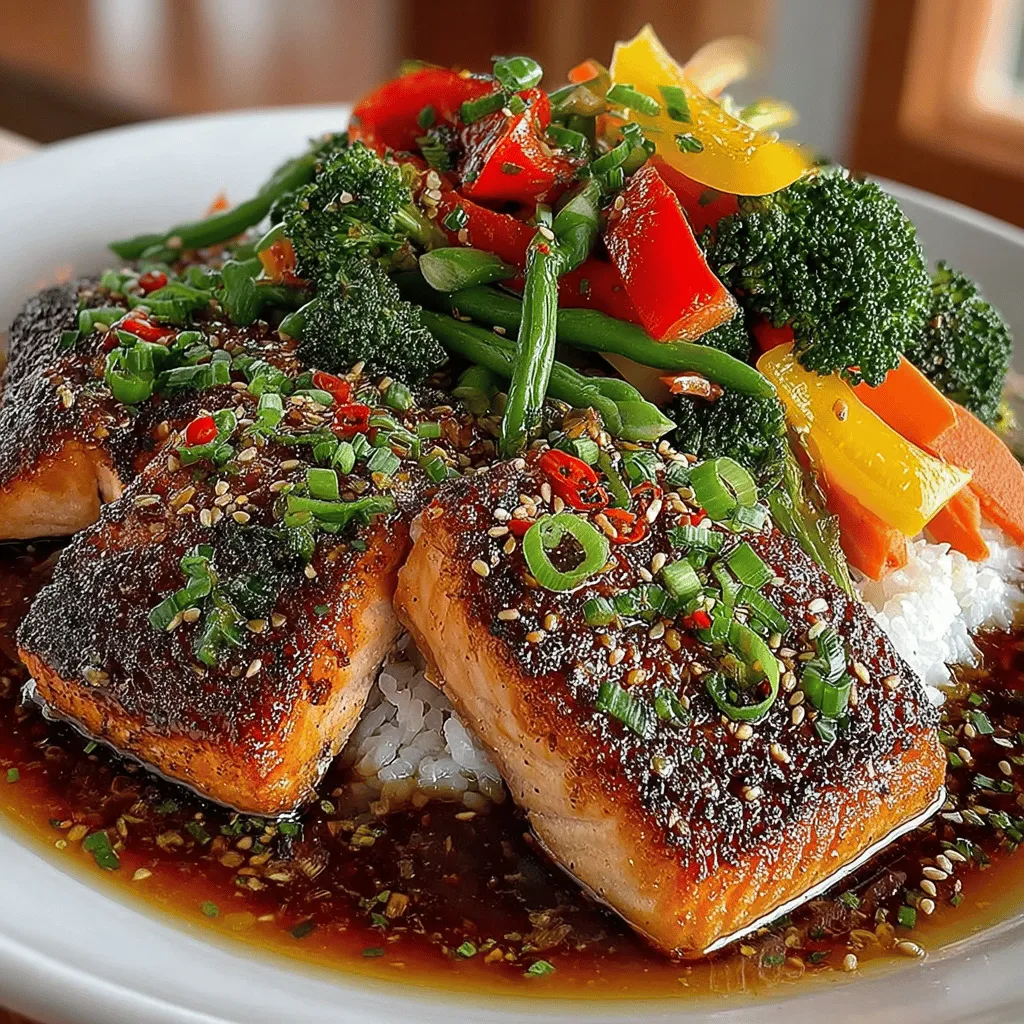 - 4 salmon fillets (approximately 6 ounces each) - 1/2 cup teriyaki sauce (store-bought or homemade) - 2 tablespoons olive oil - 2 cups broccoli florets - 1 red bell pepper, sliced - 1 yellow bell pepper, sliced - 1 cup snap peas - 1 carrot, julienned - 2 cloves garlic, minced - Salt and pepper, to taste - Sesame seeds (optional, for garnish) - Green onions, chopped (optional, for garnish)