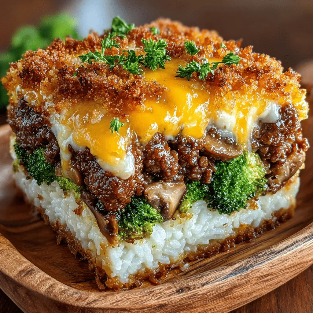 Cheesy Beef and Broccoli Rice Casserole is a delightful dish that brings together the savory flavors of ground beef, the vibrant crunch of broccoli, and the comforting texture of rice, all enveloped in a creamy, cheesy sauce. This casserole is not just a meal; it's a hug in a dish, making it a perfect option for family dinners or gatherings with friends. Its combination of hearty ingredients and melt-in-your-mouth cheese makes it a crowd-pleaser that can be enjoyed on busy weeknights or special occasions alike.