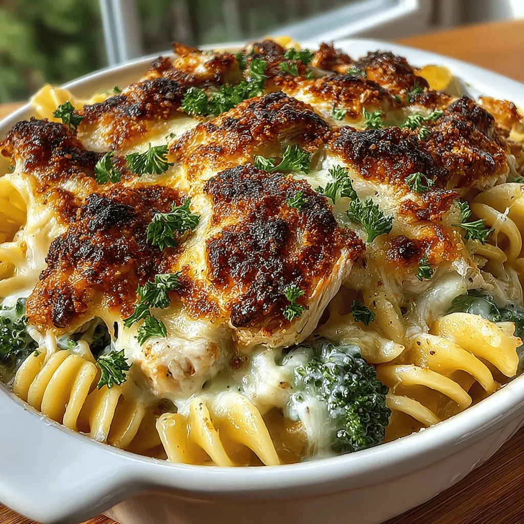 - 8 ounces rotini pasta - 2 cups cooked chicken, shredded or diced - 1 cup broccoli florets (fresh or frozen) - 2 cups Alfredo sauce (store-bought or homemade) - 1 cup shredded mozzarella cheese - 1/2 cup grated Parmesan cheese - 1 teaspoon garlic powder - 1 teaspoon onion powder - 1 teaspoon Italian seasoning - Salt and pepper to taste - Optional: Fresh parsley for garnish