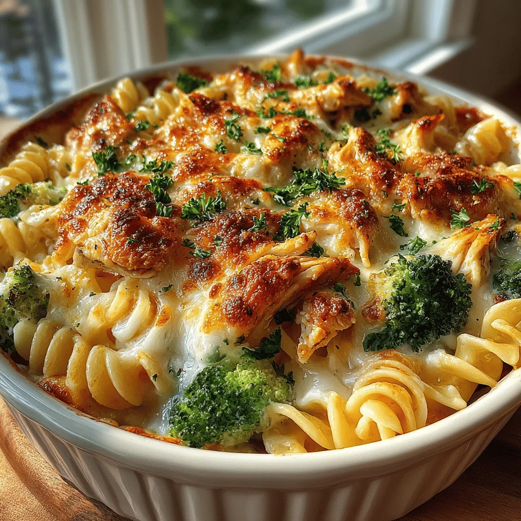 - 8 ounces rotini pasta - 2 cups cooked chicken, shredded or diced - 1 cup broccoli florets (fresh or frozen) - 2 cups Alfredo sauce (store-bought or homemade) - 1 cup shredded mozzarella cheese - 1/2 cup grated Parmesan cheese - 1 teaspoon garlic powder - 1 teaspoon onion powder - 1 teaspoon Italian seasoning - Salt and pepper to taste - Optional: Fresh parsley for garnish