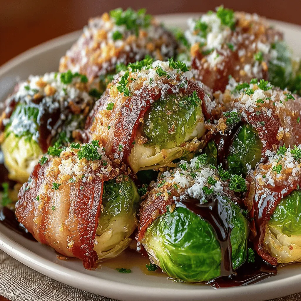 - 1 pound Brussels sprouts, trimmed and halved - 6 slices of thick-cut bacon, chopped - 2 tablespoons olive oil - 3 cloves garlic, minced - Salt and pepper to taste - 2 tablespoons balsamic vinegar - 1/4 cup grated Parmesan cheese