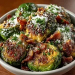 - 1 pound Brussels sprouts, trimmed and halved - 6 slices of thick-cut bacon, chopped - 2 tablespoons olive oil - 3 cloves garlic, minced - Salt and pepper to taste - 2 tablespoons balsamic vinegar - 1/4 cup grated Parmesan cheese