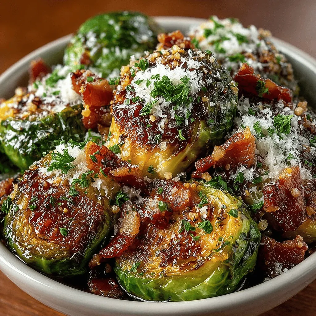- 1 pound Brussels sprouts, trimmed and halved - 6 slices of thick-cut bacon, chopped - 2 tablespoons olive oil - 3 cloves garlic, minced - Salt and pepper to taste - 2 tablespoons balsamic vinegar - 1/4 cup grated Parmesan cheese