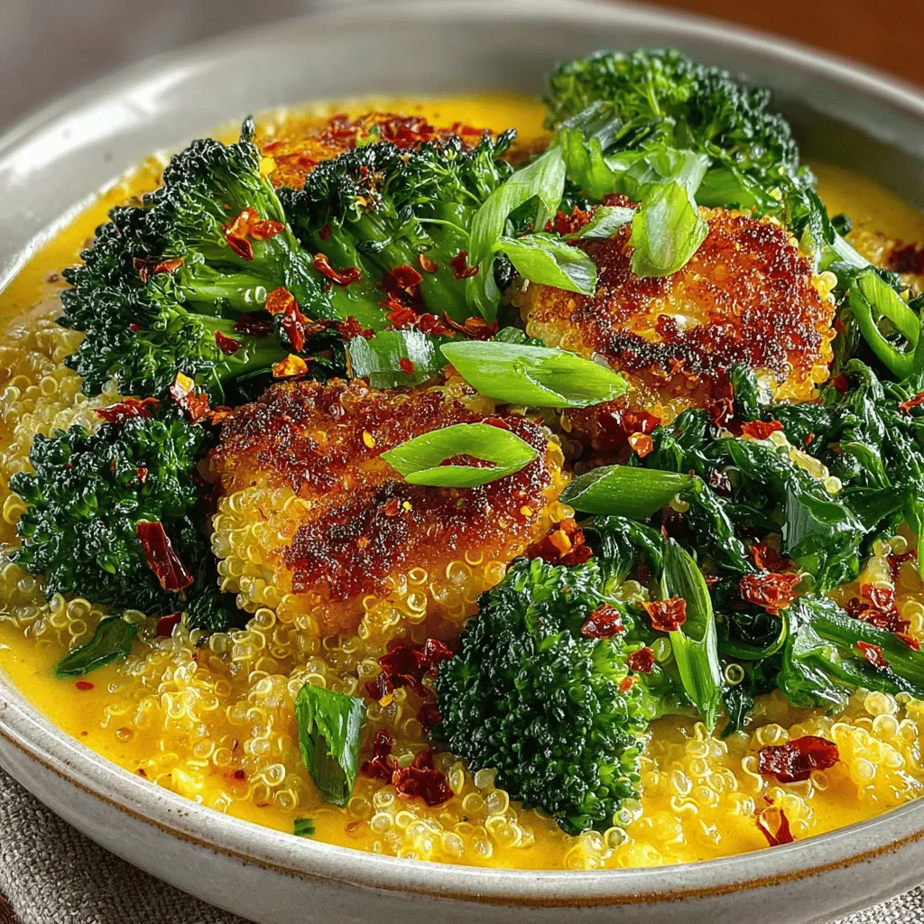 - 1 cup quinoa - 2 cups vegetable broth (or water) - 2 cups fresh broccoli florets (or frozen) - 1 medium onion, diced - 2 cloves garlic, minced - 1 teaspoon smoked paprika - 1/2 teaspoon black pepper - 1 cup shredded cheese (cheddar or a non-dairy alternative) - 1/2 cup milk (or a non-dairy milk alternative) - Salt to taste - Olive oil for sautéing