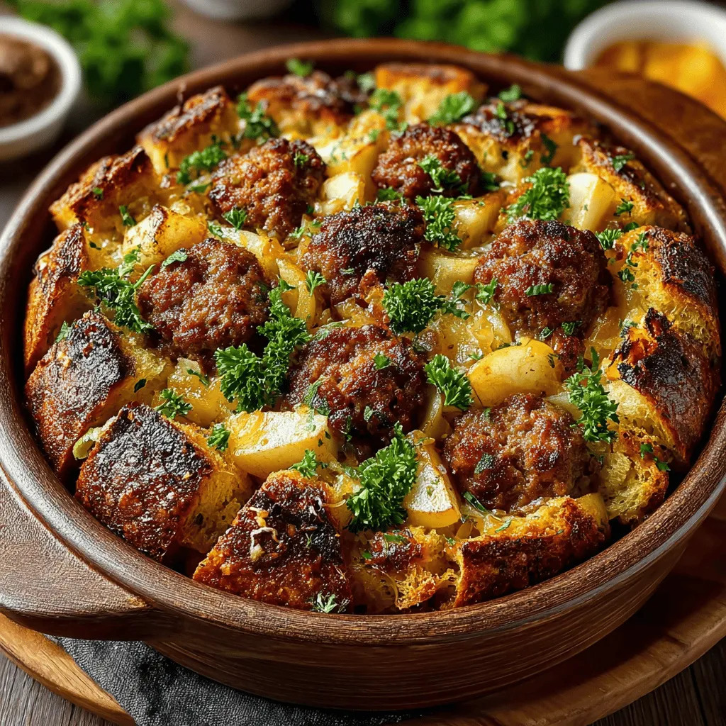 - 1 pound sweet Italian sausage - 1 medium onion, diced - 2 celery stalks, diced - 2 cups day-old sourdough bread, cubed - 2 cups day-old French bread, cubed - 2 Granny Smith apples, peeled and diced - 1/2 cup dried cranberries (optional) - 1/2 cup chopped walnuts or pecans (optional) - 1/4 cup fresh sage, chopped - 1 tablespoon fresh thyme, chopped - 1 teaspoon salt - 1/2 teaspoon black pepper - 2 cups chicken or vegetable broth - 2 tablespoons olive oil - 2 tablespoons butter