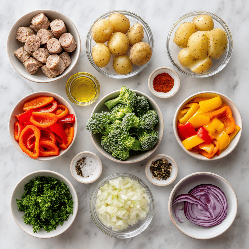 Ingredients for Family-Friendly Sheet Pan Sausage and Harvest Veggies