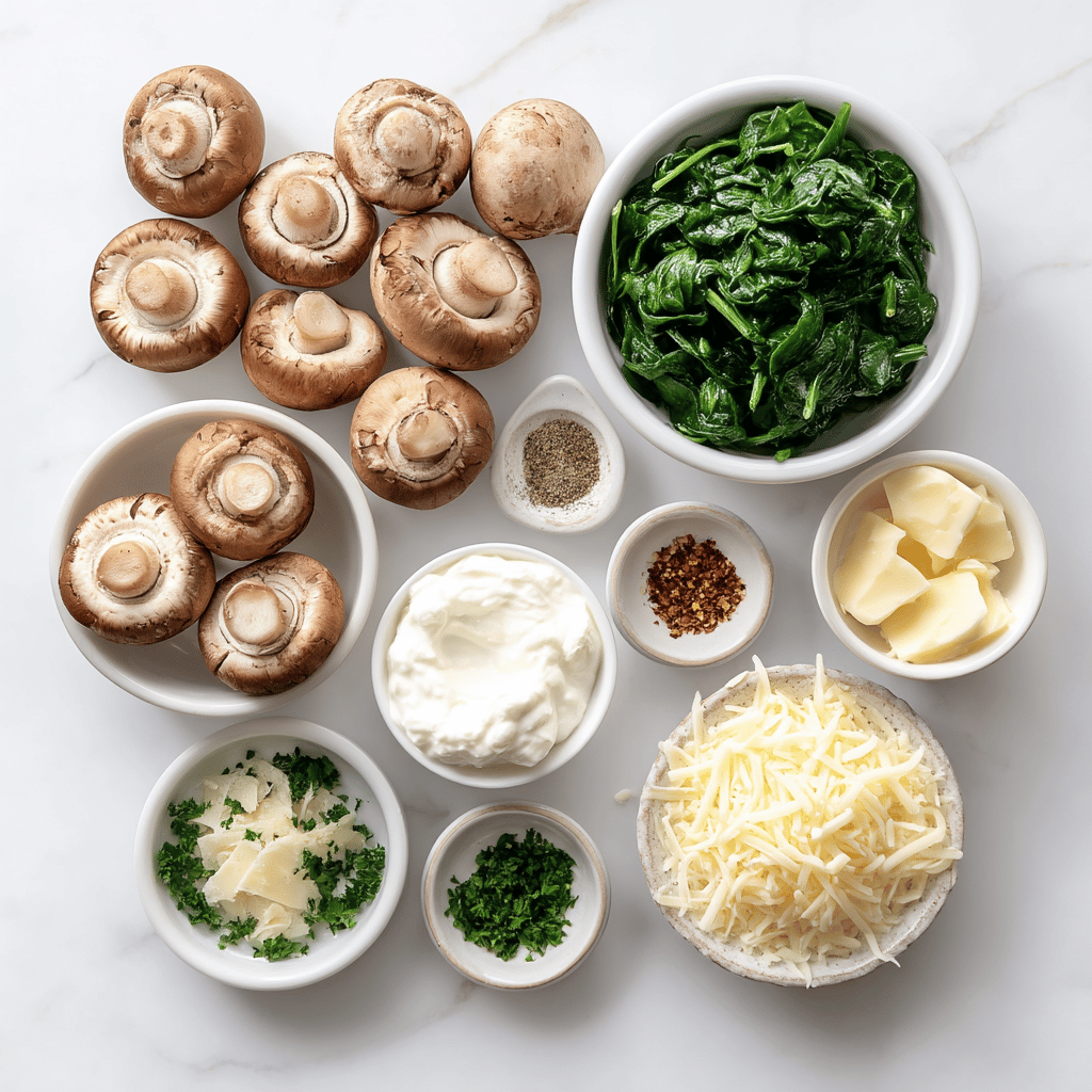 Ingredients for Healthy Twist on Cheesy Spinach Dip Stuffed Mushrooms