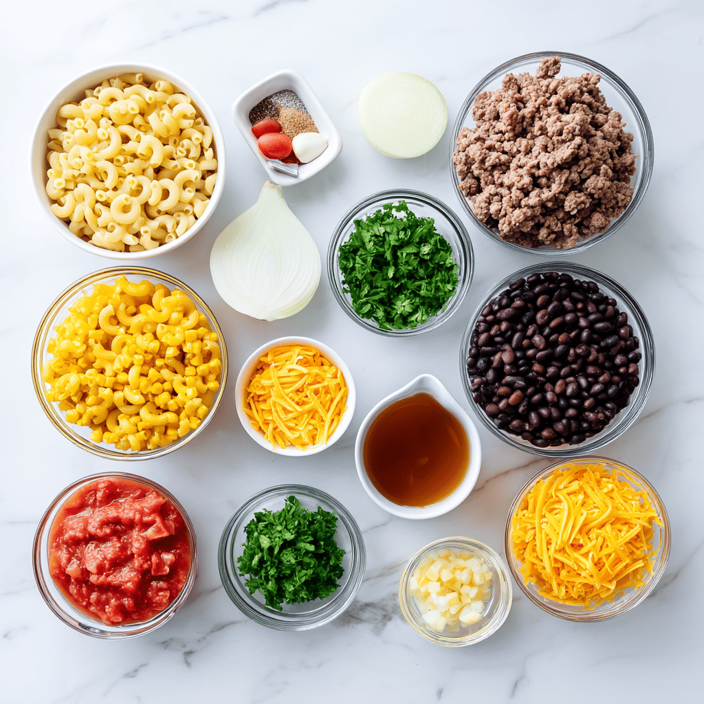 Ingredients for Quick & Comforting Skillet Cheesy Taco Macaroni